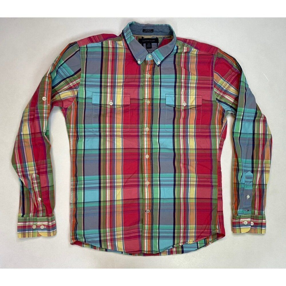 Tommy Hilfiger Plaid Shirt Men Large Multicolor Pockets Long Sleeve